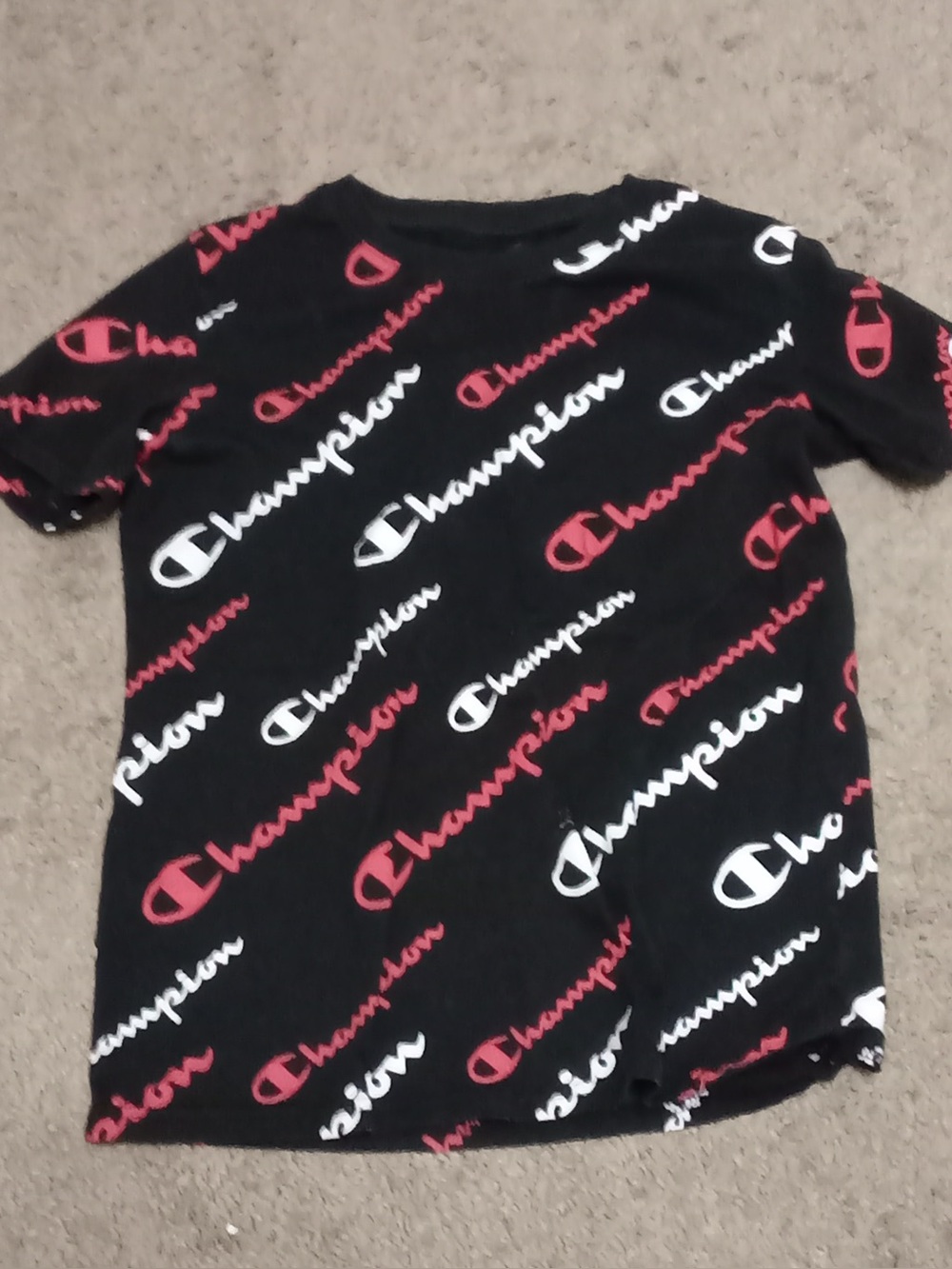 Boys Champion All Over Logo T Shirt Black White Size L A5